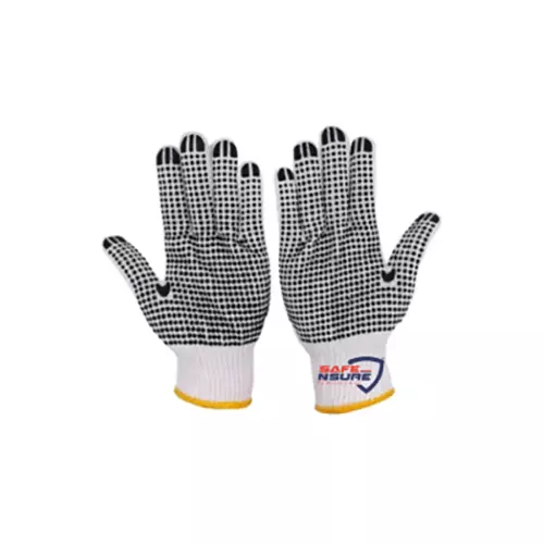 Safe N Sure Cotton Knitted Dotted Gloves 254 mm (10 inch) Full Fingered Single, Both Side, SKD 21 (Pack of 10 Pair)