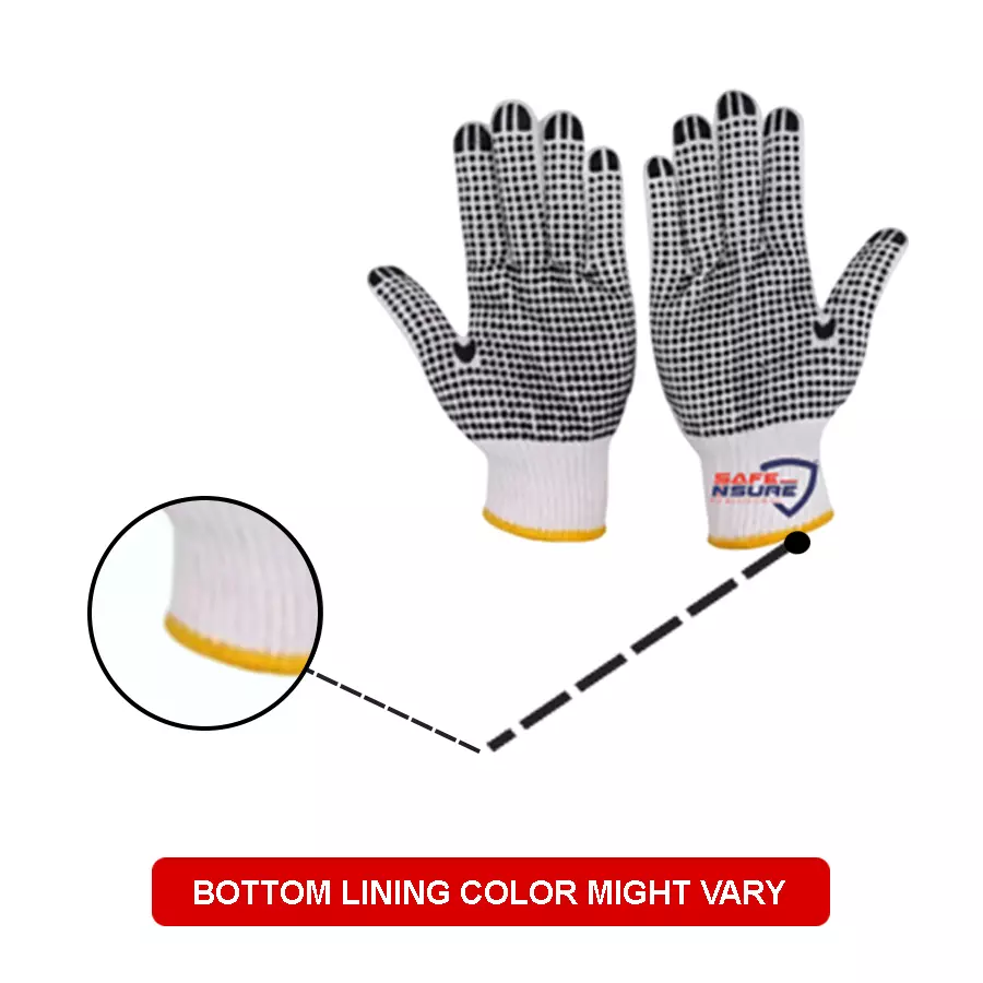 Safe N Sure Cotton Knitted Dotted Gloves 254 mm (10 inch) Full Fingered Single, Both Side, SKD 21 (Pack of 10 Pair)