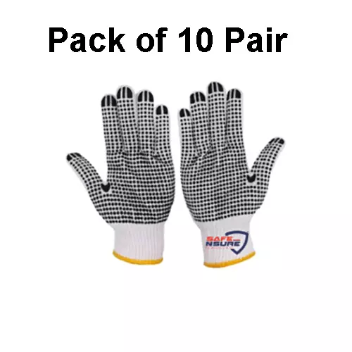 Safe N Sure Cotton Knitted Dotted Gloves 254 mm (10 inch) Full Fingered Single, Both Side, SKD 21 (Pack of 10 Pair)