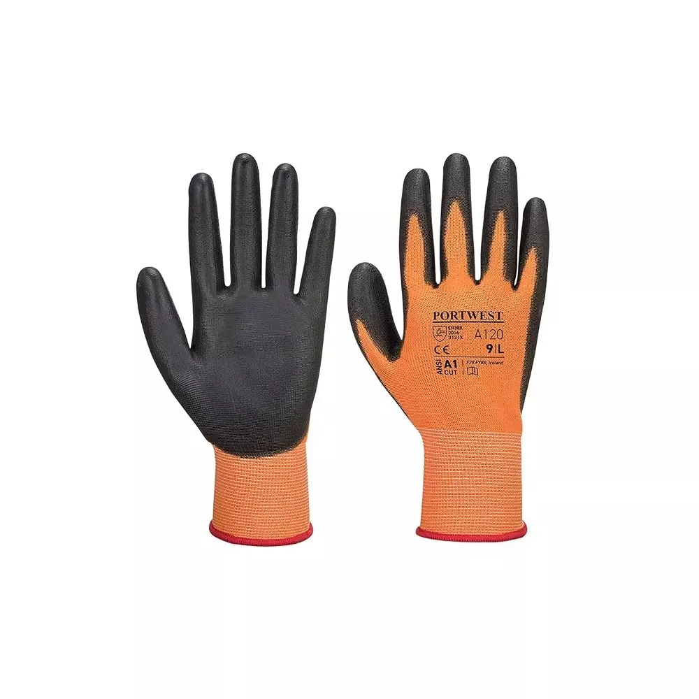 Portwest Silicone Free Palm Hand Glove Black & Orange 13 Gauge Liner L Size Polyester, Elastic, PU Full Fingered for Industrial Use, A120O8RL
