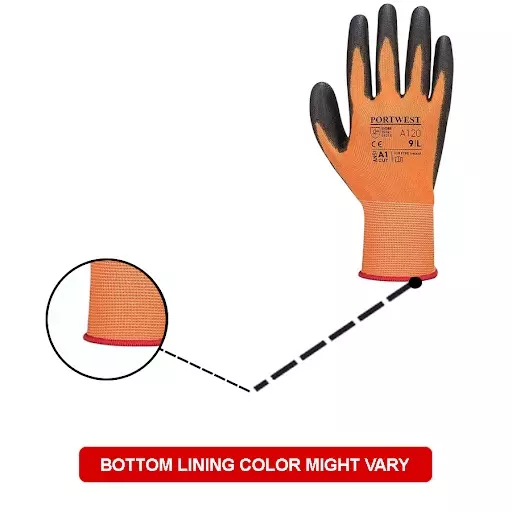 portwest-silicone-free-palm-hand-glove-black-orange-13-gauge-liner-l-size-polyester-elastic-pu-full-fingered-for-industrial-use-a120o8rl