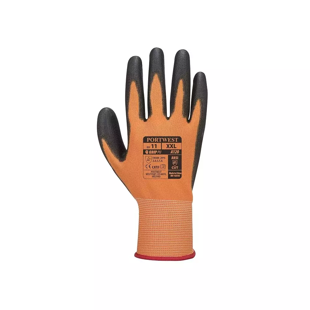 portwest-silicone-free-palm-hand-glove-black-orange-13-gauge-liner-l-size-polyester-elastic-pu-full-fingered-for-industrial-use-a120o8rl