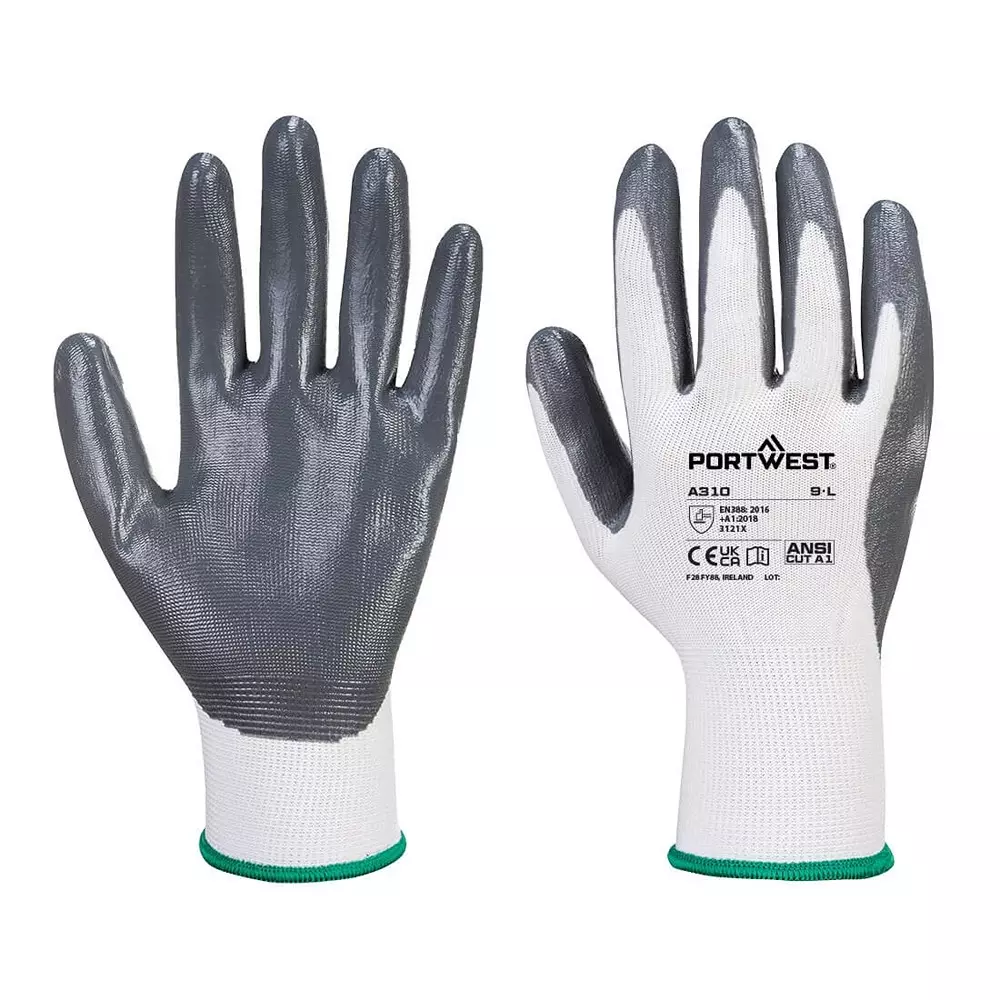 Portwest Hand Glove Grey & White 13 Gauge Liner S Size Polyester, Elastic, Nitrile Full Fingered for Industrial Use, A310GRWS