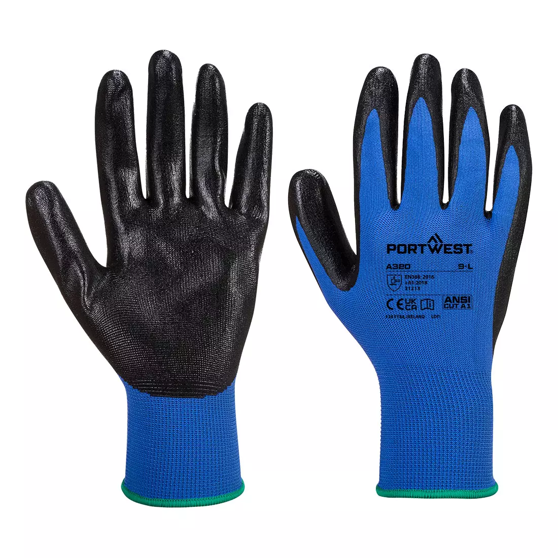 Portwest Hand Glove Blue 13 Gauge Liner Dexti-Grip L Size Polyester, Elastic, Nitrile Full Fingered for Industrial Use, A320BLUL