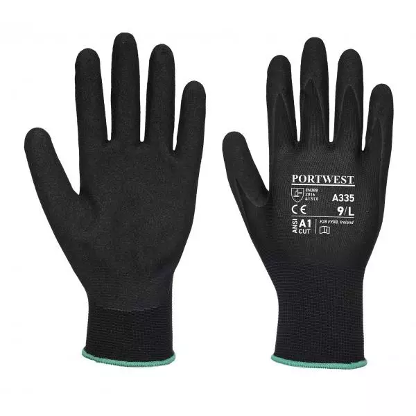 Portwest Hand Glove Black 15 Gauge Pylon Liner Dermi Grip M Size Polyester Full Fingered for Industrial Use, A335K8RM