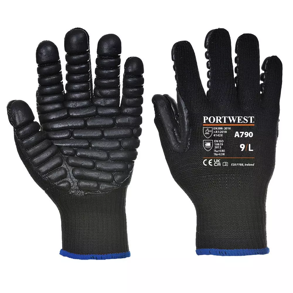 Portwest Anti-Vibration 10 Chloroprene Hand Glove Black XL Size Polyester, Elastic, Rubber Chloroprene Full Fingered for Industrial Use, A790BKRXL