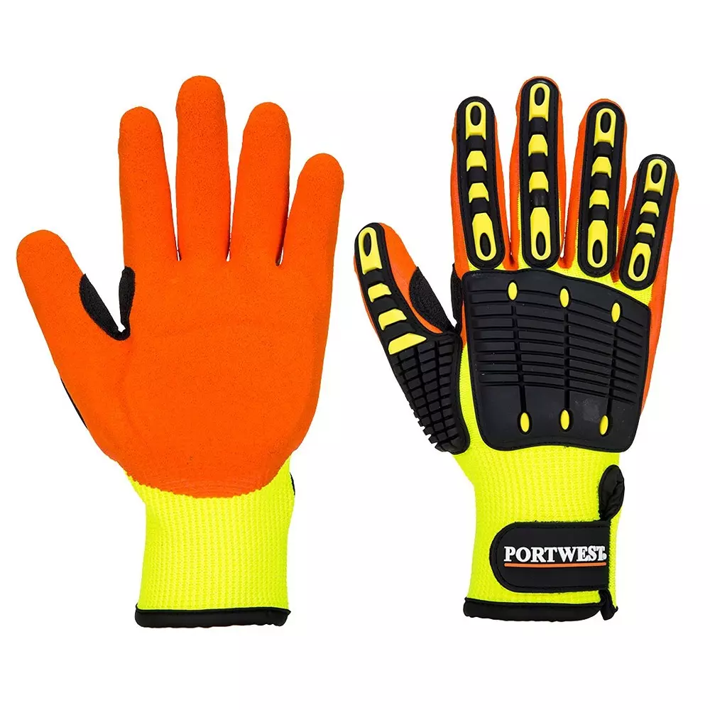Portwest Impact Reinforced Palm Hand Glove Yellow & Orange M Size TPR, Polyester, Elastic, Nitrile Full Fingered for Industrial Use, A721Y1RM
