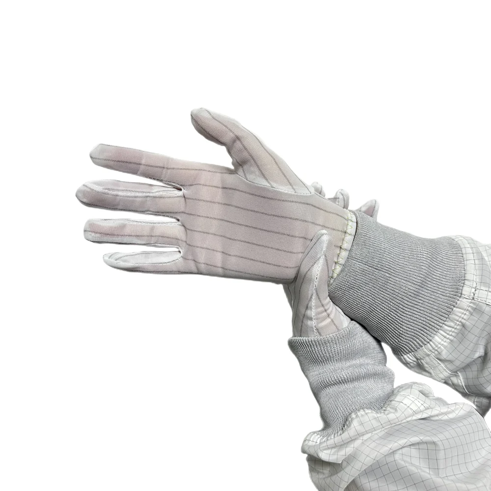 GLOBALSS Both Side Line ESD Gloves Non-Allergenic Polyester Fabric White Full Fingered Large