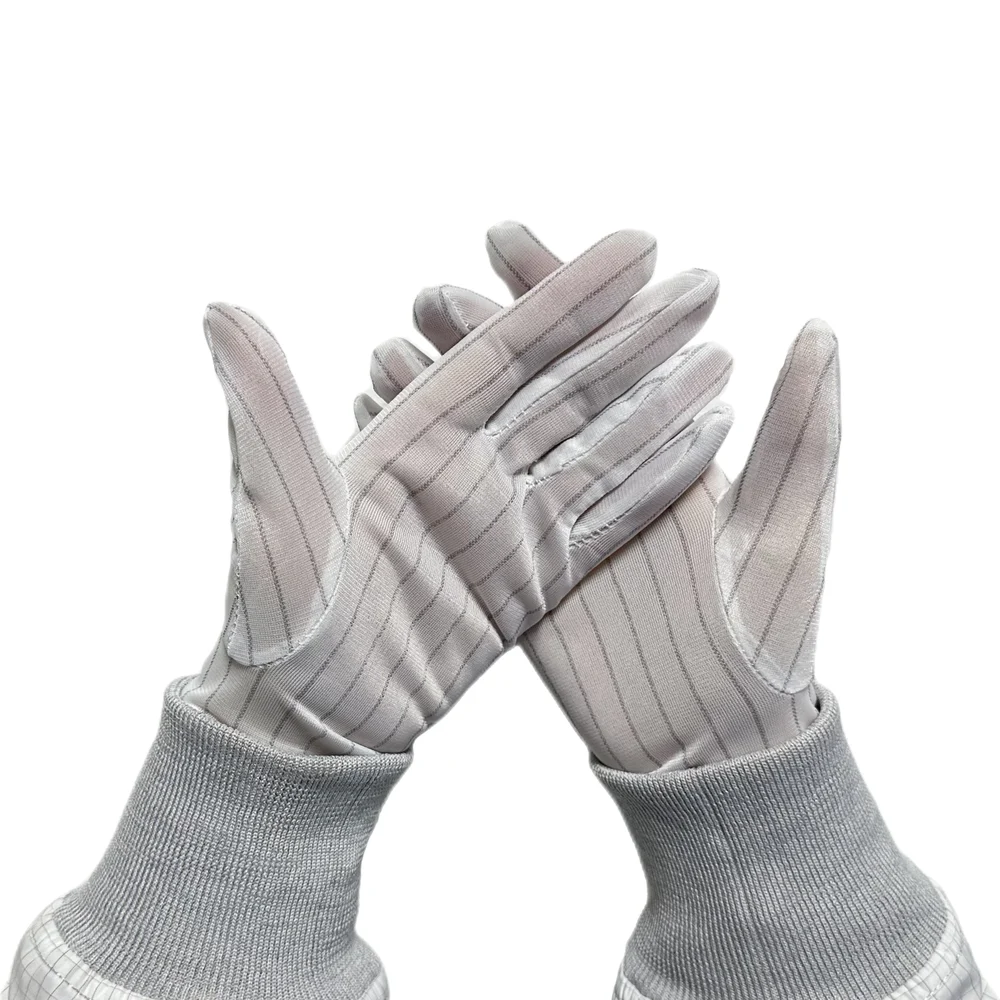 GLOBALSS Both Side Line ESD Gloves Non-Allergenic Polyester Fabric White Full Fingered Large