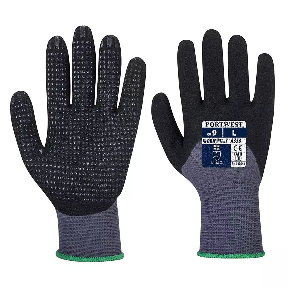 Portwest Palm Dotted Hand Glove Grey & Black 15 Gauge Liner L Size Dipping Nitrile Foam Full Fingered for Industrial Use, A353G8RL