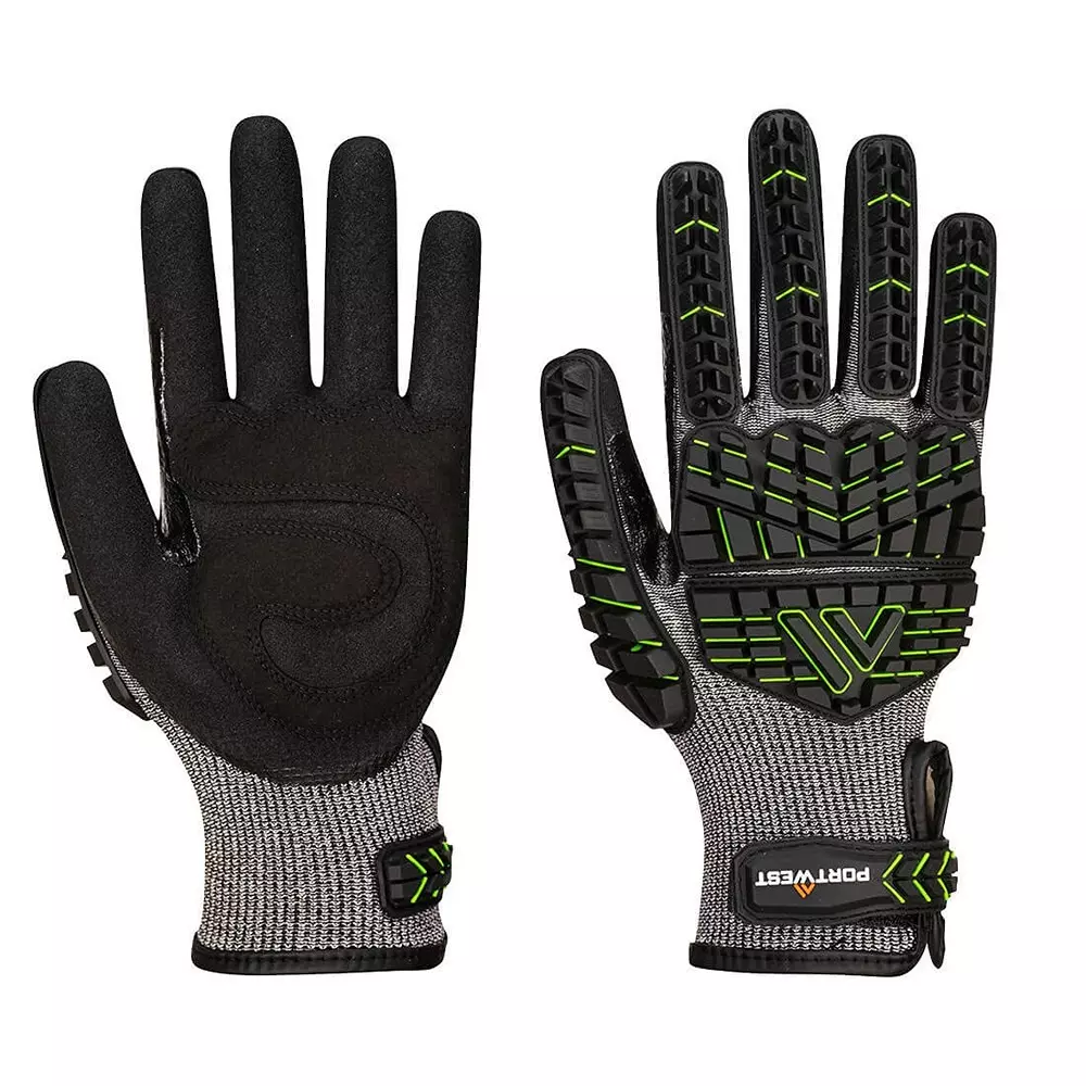 Portwest Impact Reinforced G Palm Hand Glove Black & Green M Size TPR, HPPE, Polyester, Elastane, Nitrile Foam Full Fingered for Industrial Use, A755K3RM