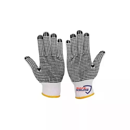 Safe N Sure Cotton Knitted Dotted Hand Gloves Single Side 254 mm (10 inch), SKD 21 (Pack of 12 Pair)