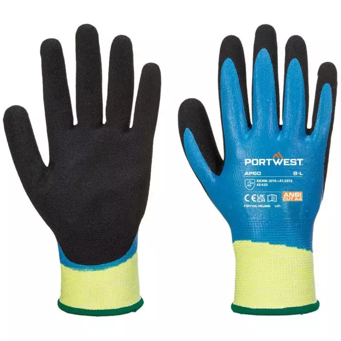 Portwest Hand Gloves Blue & Black XL Regular Fit Full Fingered for Industrial Use, AP50B8RXL