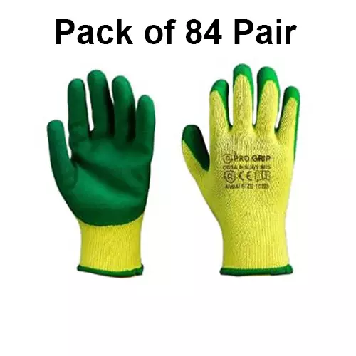 PRO GRIP By ROCKSAFE Safety Hand Gloves 10 Gauge Polycotton Crinkle Latex Palm Coating Seamless Liner Green & Yellow Free Size (Pack of 84 Pairs)