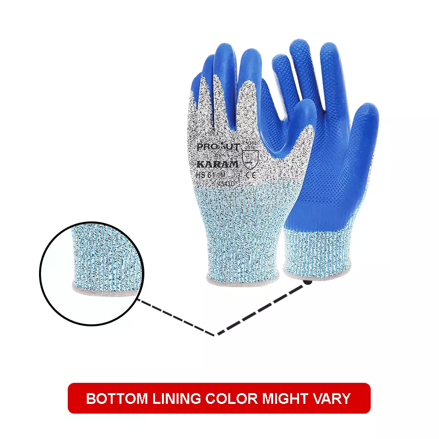 Karam Safety Hand Gloves Embossed Latex Coating Blue 13 Gauge HPPE Liner Size M, HS 61 (Pack of 12 Pair)