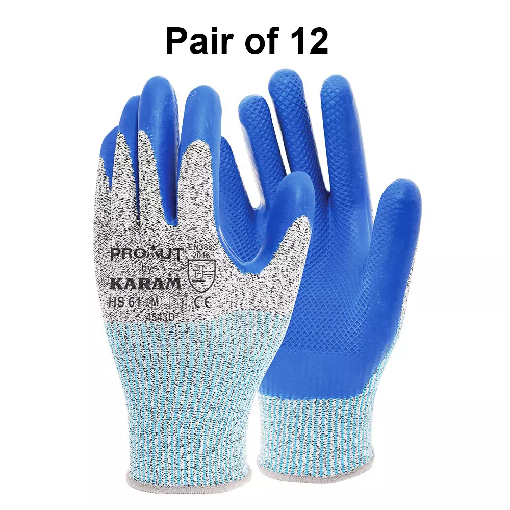 Karam Safety Hand Gloves Embossed Latex Coating Blue 13 Gauge HPPE Liner Size M, HS 61 (Pack of 12 Pair)