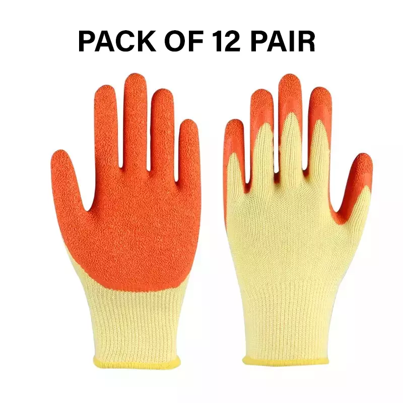 Swavind Safety Hand Gloves Durable Synthetic Fabric Crinkle-Coated Palm with Abrasion Resistance Yellow & Orange Free Size (Pack of 12 Pair)