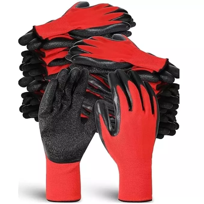 Swavind Safety Hand Gloves Synthetic NylonCrinkle Latex Coated Palm and Fingers with Abrasion Resistance Red & Black Free Size (Pack of 600 Pair)