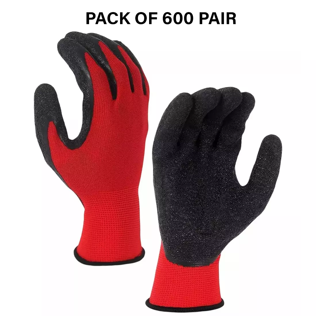 Swavind Safety Hand Gloves Synthetic NylonCrinkle Latex Coated Palm and Fingers with Abrasion Resistance Red & Black Free Size (Pack of 600 Pair)