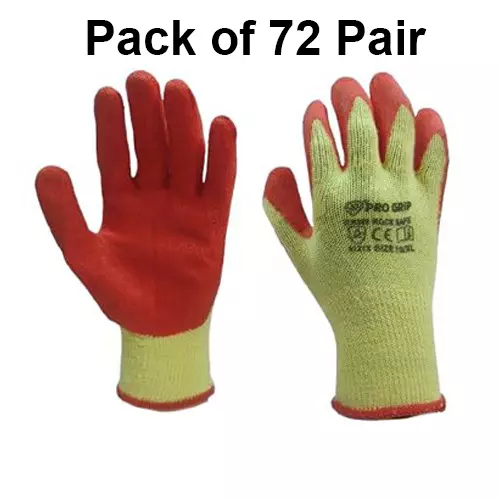 PRO GRIP By ROCKSAFE Safety Hand Gloves 10 Gauge Polycotton Crinkle Latex Palm Coating Seamless Liner Red & Yellow Free Size (Pack of 72 Pairs)