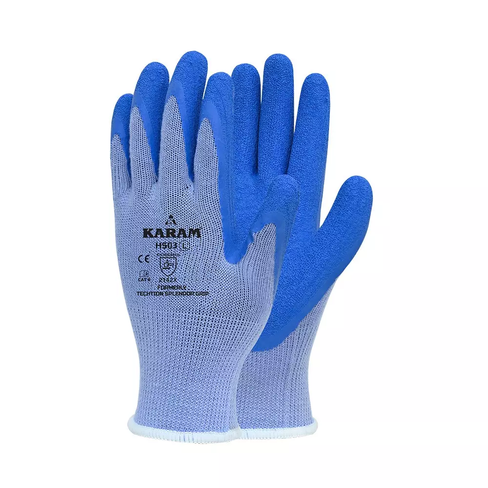 Karam Safety Hand Gloves Polycotton Blue & Blue Natural Latex Coating 10 Gauge Size L, HS 03 (Pack of 12 Pair)
