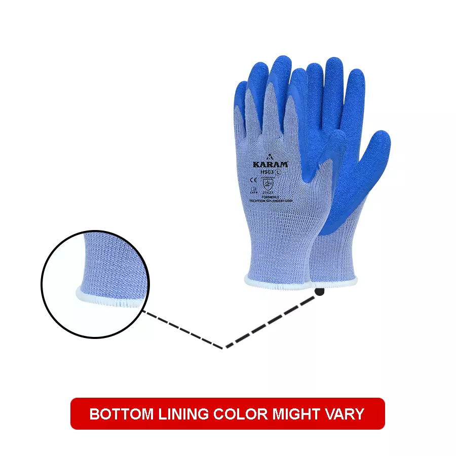Karam Safety Hand Gloves Polycotton Blue & Blue Natural Latex Coating 10 Gauge Size L, HS 03 (Pack of 12 Pair)