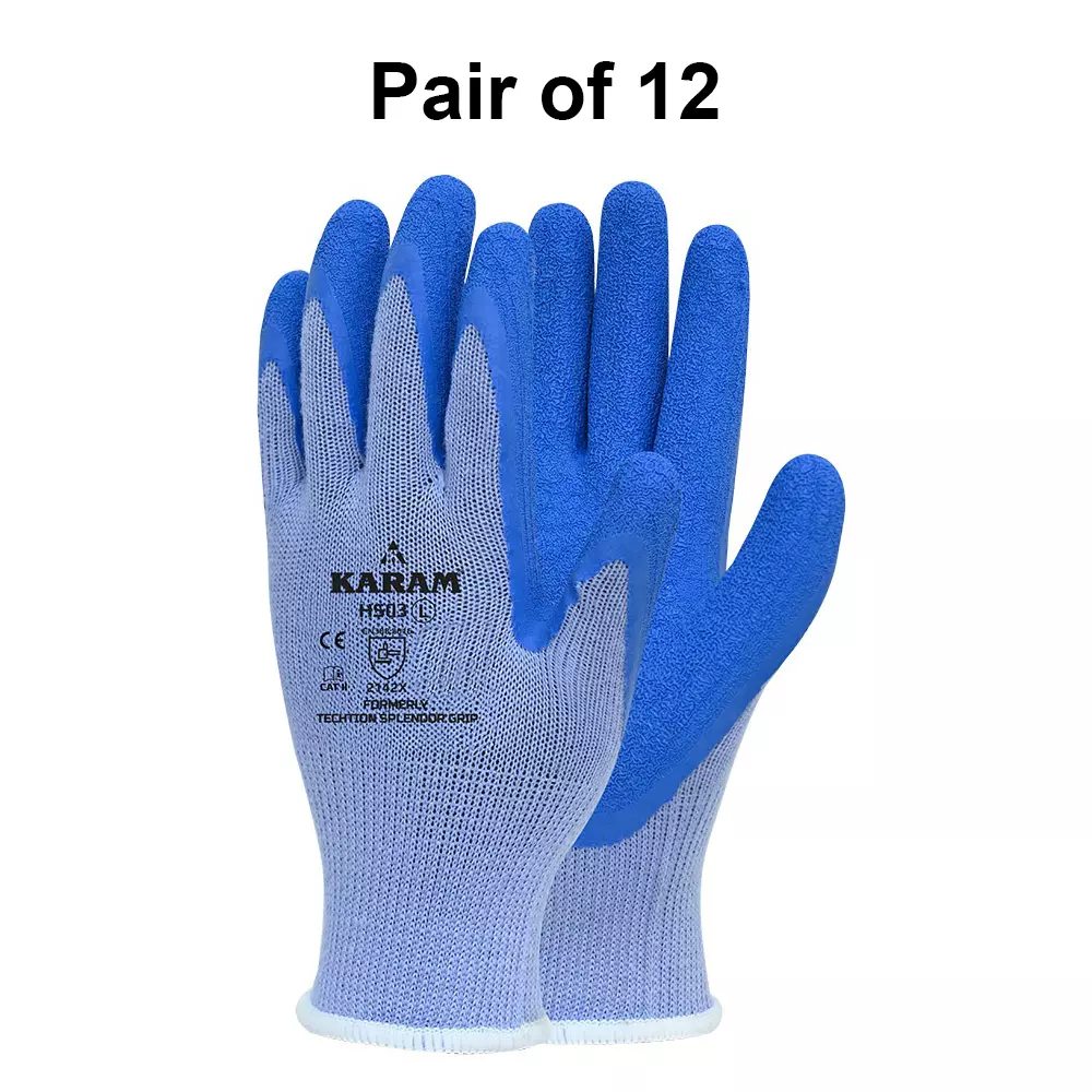 Karam Safety Hand Gloves Polycotton Blue & Blue Natural Latex Coating 10 Gauge Size L, HS 03 (Pack of 12 Pair)