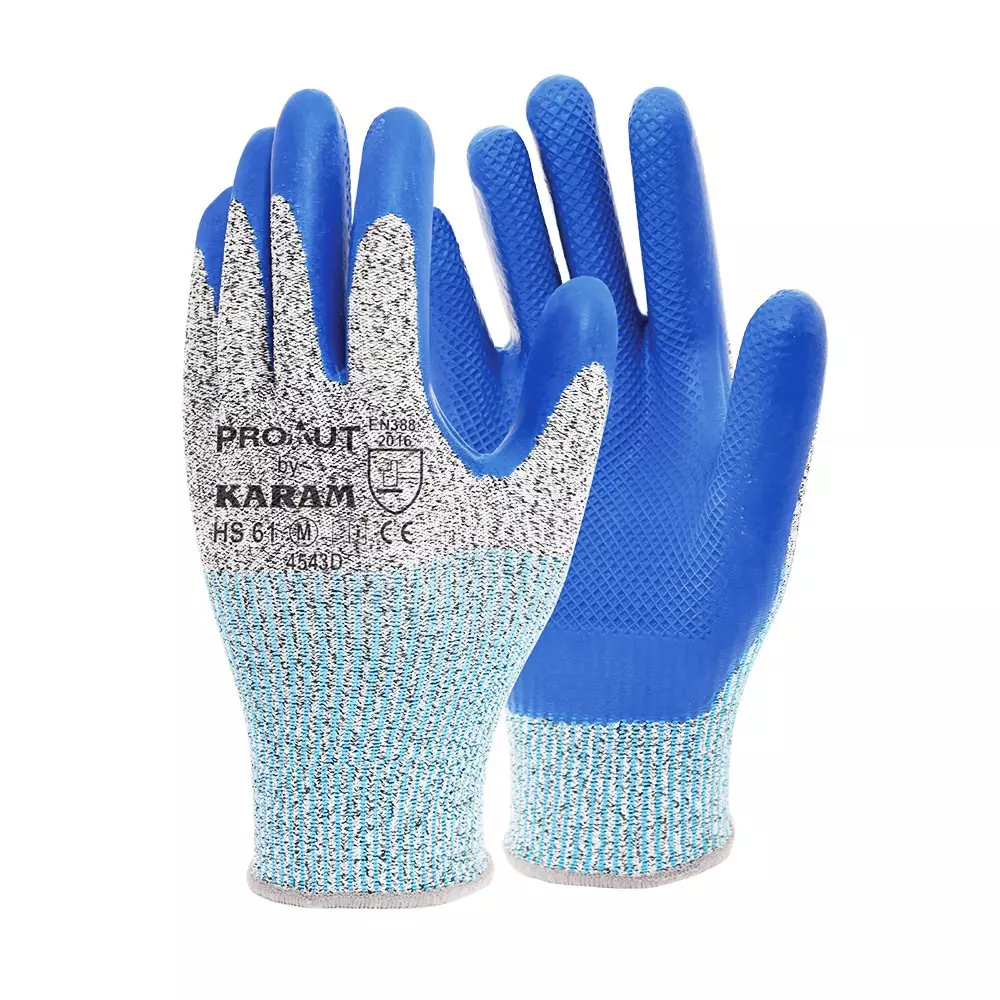 Karam Safety Hand Gloves Embossed Latex Coating Blue 13 Gauge HPPE Liner Size M, HS 61