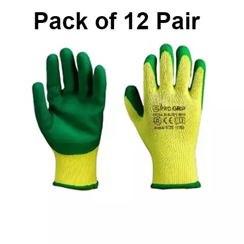 PRO GRIP By ROCKSAFE Safety Hand Gloves 10 Gauge Polycotton Crinkle Latex Palm Coating Seamless Liner Green & Yellow Free Size (Pack of 12 Pairs)