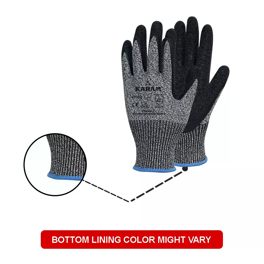 Karam Safety Hand Gloves Natural Latex Coating Black 13 Gauge HPPE / Glass Liner Size M, HS 68 (Pack of 12 Pair)