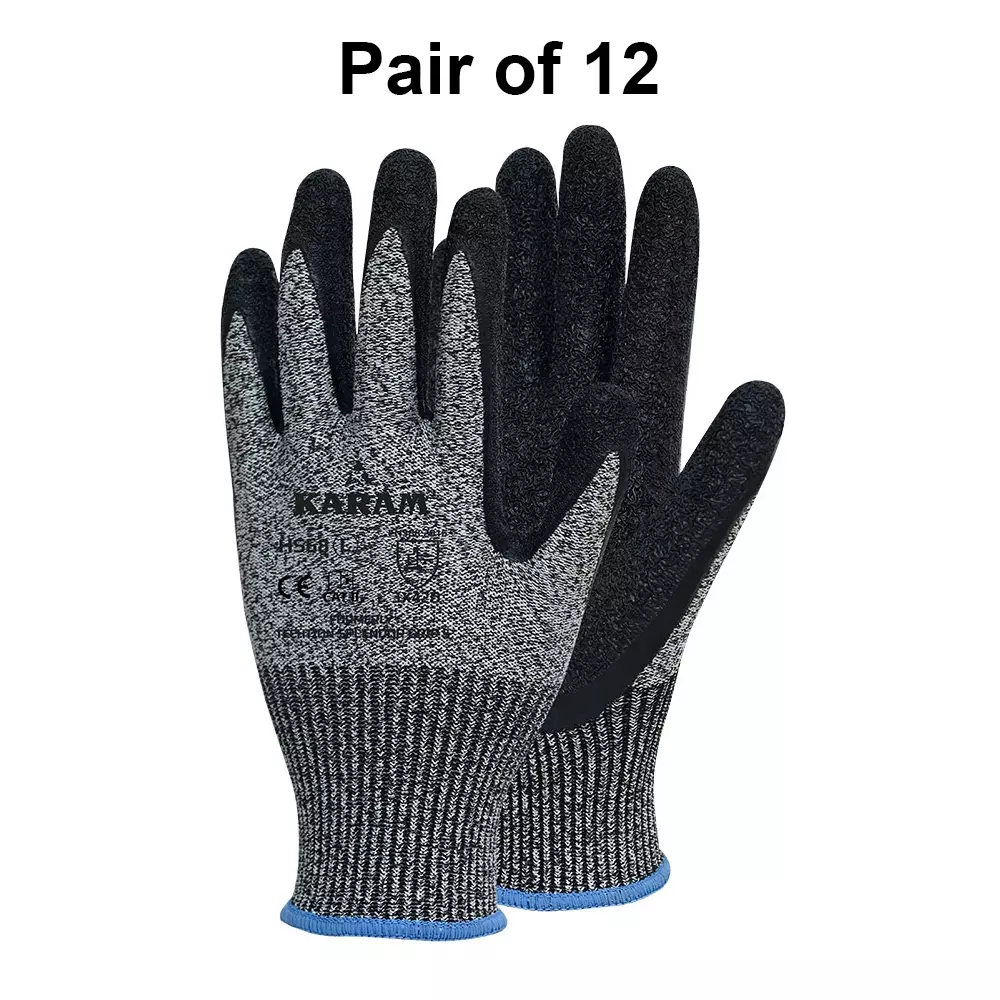Karam Safety Hand Gloves Natural Latex Coating Black 13 Gauge HPPE / Glass Liner Size M, HS 68 (Pack of 12 Pair)