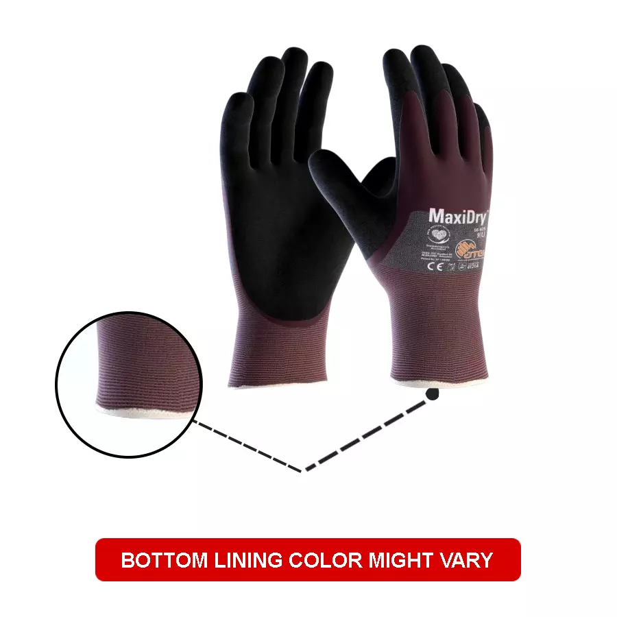 ATG MaxiDry 3/4 coated Knitwrist Gloves 24 cm Length Maroon and Black L Size, 56-425 (Pack of 5 Pair)