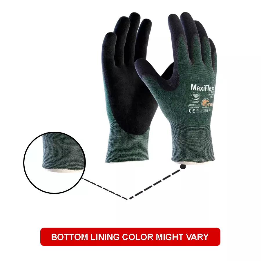 ATG MaxiFlex Cut Palm Coated Knitwrist Gloves 24.5 cm Length Green and Black L Size, 34-8743 (Pack of 3 Pair)