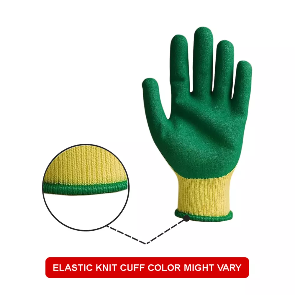 PRO GRIP By ROCKSAFE Safety Hand Gloves 10 Gauge Polycotton Crinkle Latex Palm Coating Seamless Liner Green & Yellow Free Size (Pack of 120 Pairs)