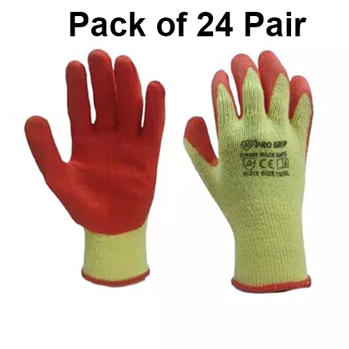 PRO GRIP By ROCKSAFE Safety Hand Gloves 10 Gauge Polycotton Crinkle Latex Palm Coating Seamless Liner Red & Yellow Free Size (Pack of 24 Pairs)