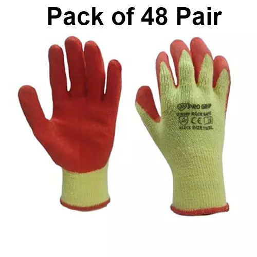 PRO GRIP By ROCKSAFE Safety Hand Gloves 10 Gauge Polycotton Crinkle Latex Palm Coating Seamless Liner Red & Yellow Free Size (Pack of 48 Pairs)