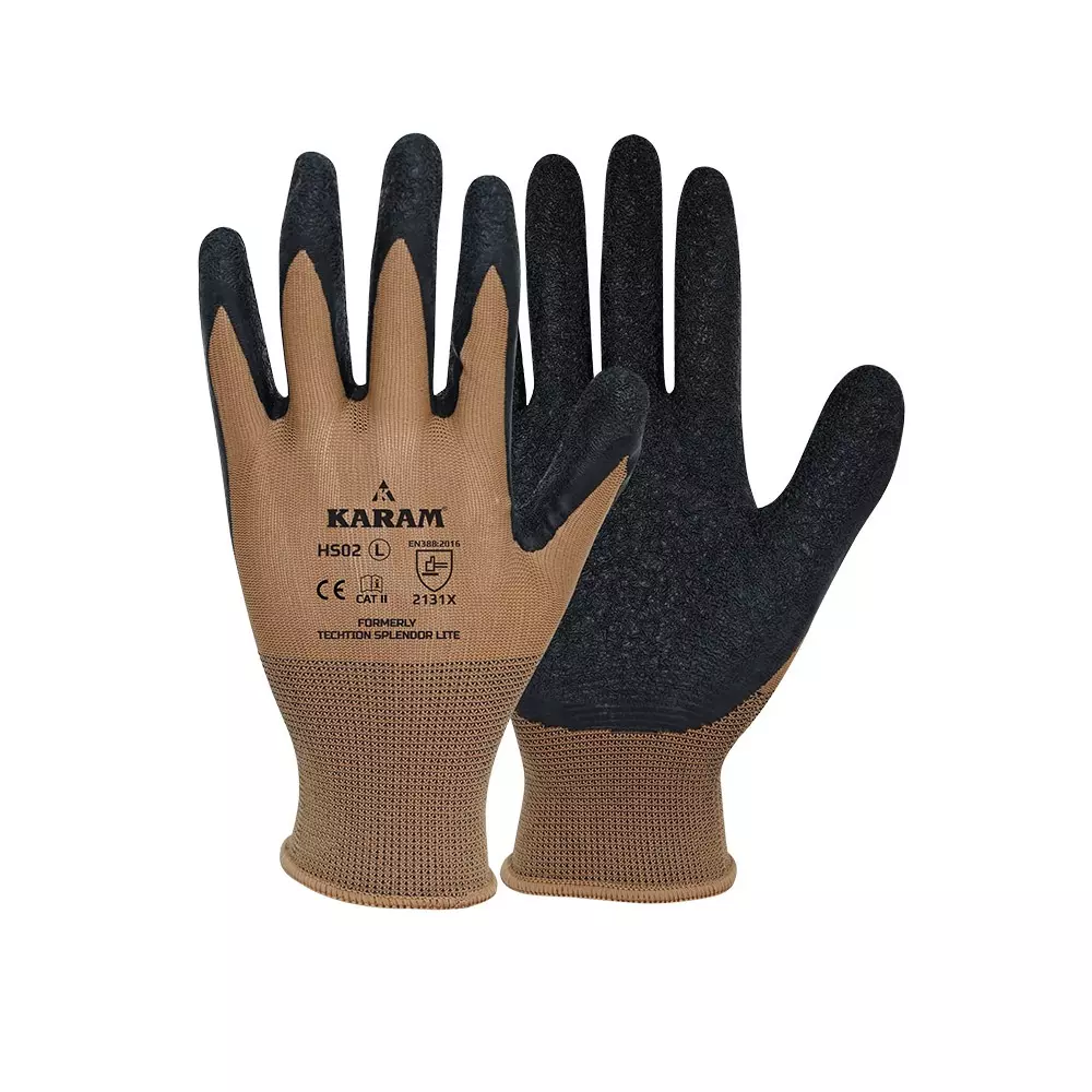 Karam Safety Hand Gloves Polyester Brown & Black Latex Coating 13 Gauge Size L, HS 02 (Pack of 12 Pair)