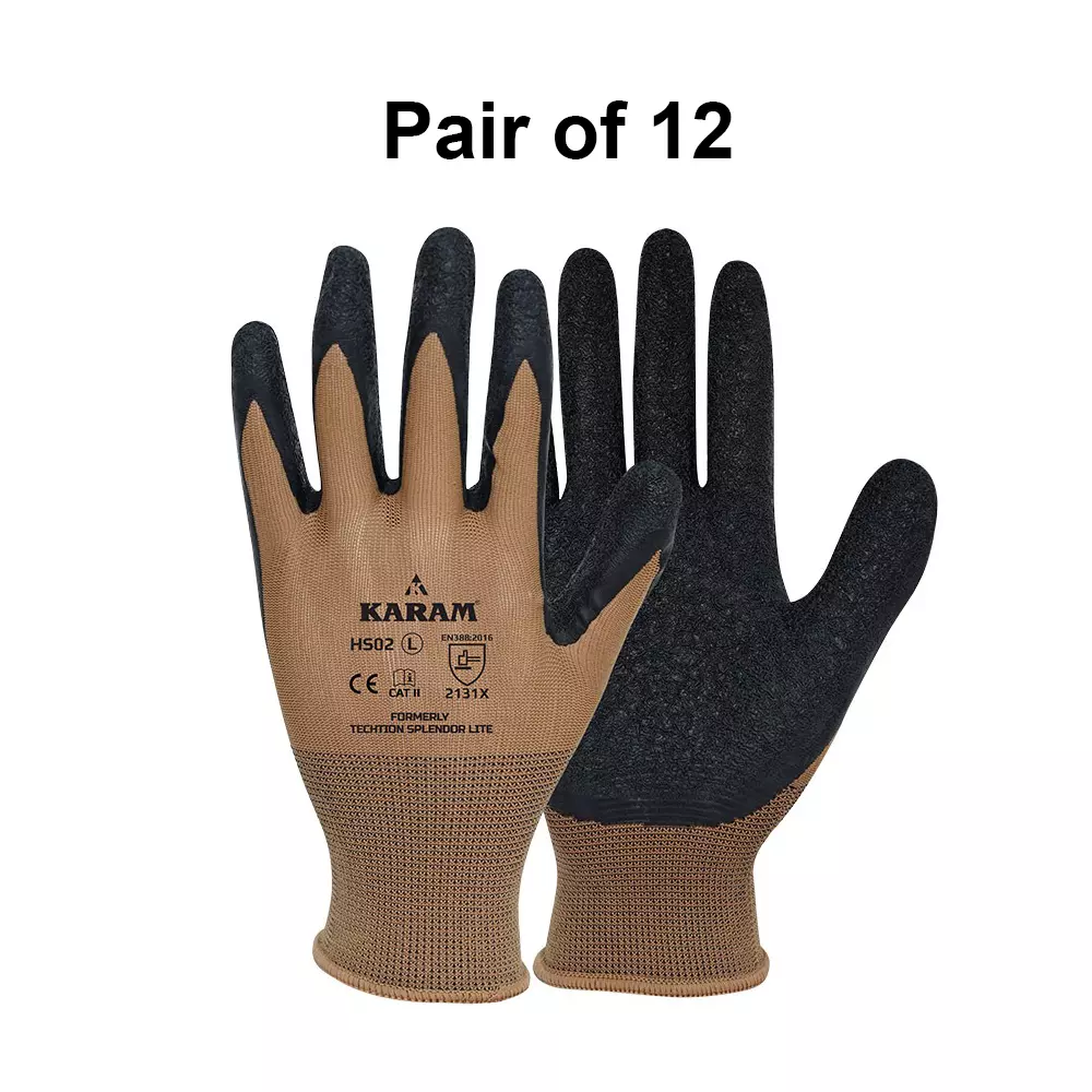 Karam Safety Hand Gloves Polyester Brown & Black Latex Coating 13 Gauge Size L, HS 02 (Pack of 12 Pair)
