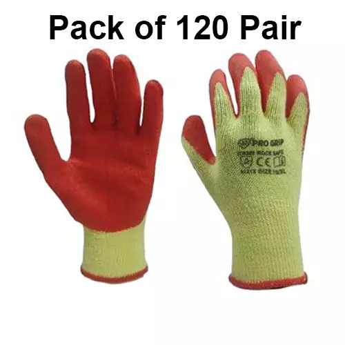 PRO GRIP By ROCKSAFE Safety Hand Gloves 10 Gauge Polycotton Crinkle Latex Palm Coating Seamless Liner Red & Yellow Free Size (Pack of 120 Pairs)