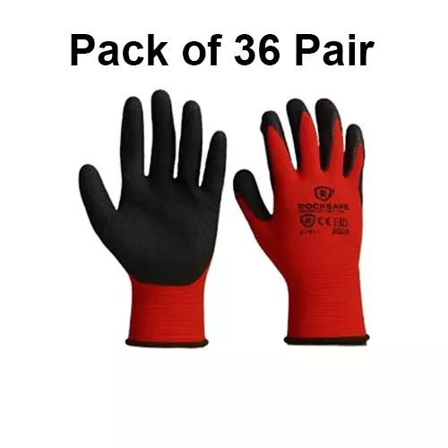 ROCKSAFE Safety Hand Gloves 13 Gauge Polyester Crinkle Latex Coated Red & Black Free Size for Multipurpose Use (Pack of 36 Pairs)