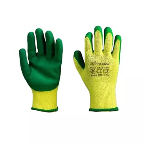 PRO GRIP By ROCKSAFE Safety Hand Gloves 10 Gauge Polycotton Crinkle Latex Palm Coating Seamless Liner Green & Yellow Free Size (Pack of 600 Pairs)