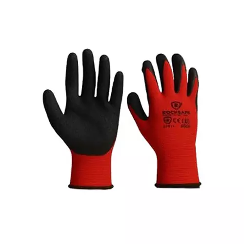 ROCKSAFE Safety Hand Gloves 13 Gauge Polyester Crinkle Latex Coated Red & Black Free Size for Multipurpose Use (Pack of 48 Pairs)