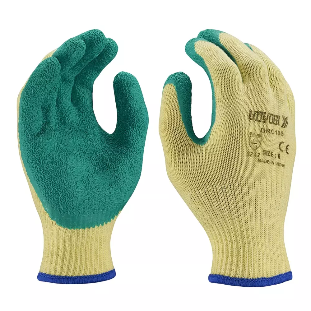 Udyogi Safety Gloves 2-Thread Poly-Cotton with Latex Coating on Palm and Fingers 10 Gauge Green & Yellow Free Size, DRC-105