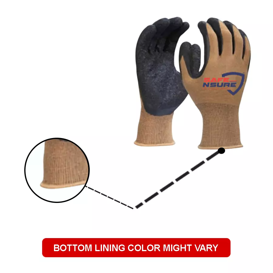 Safe N Sure Latex Coated Gloves 254 mm (10 inch) 13 Gauge Polyester Shell Seamless Knitted Polyester Liner Brown, Black, SSLC130 (Pack of 10 Pair)
