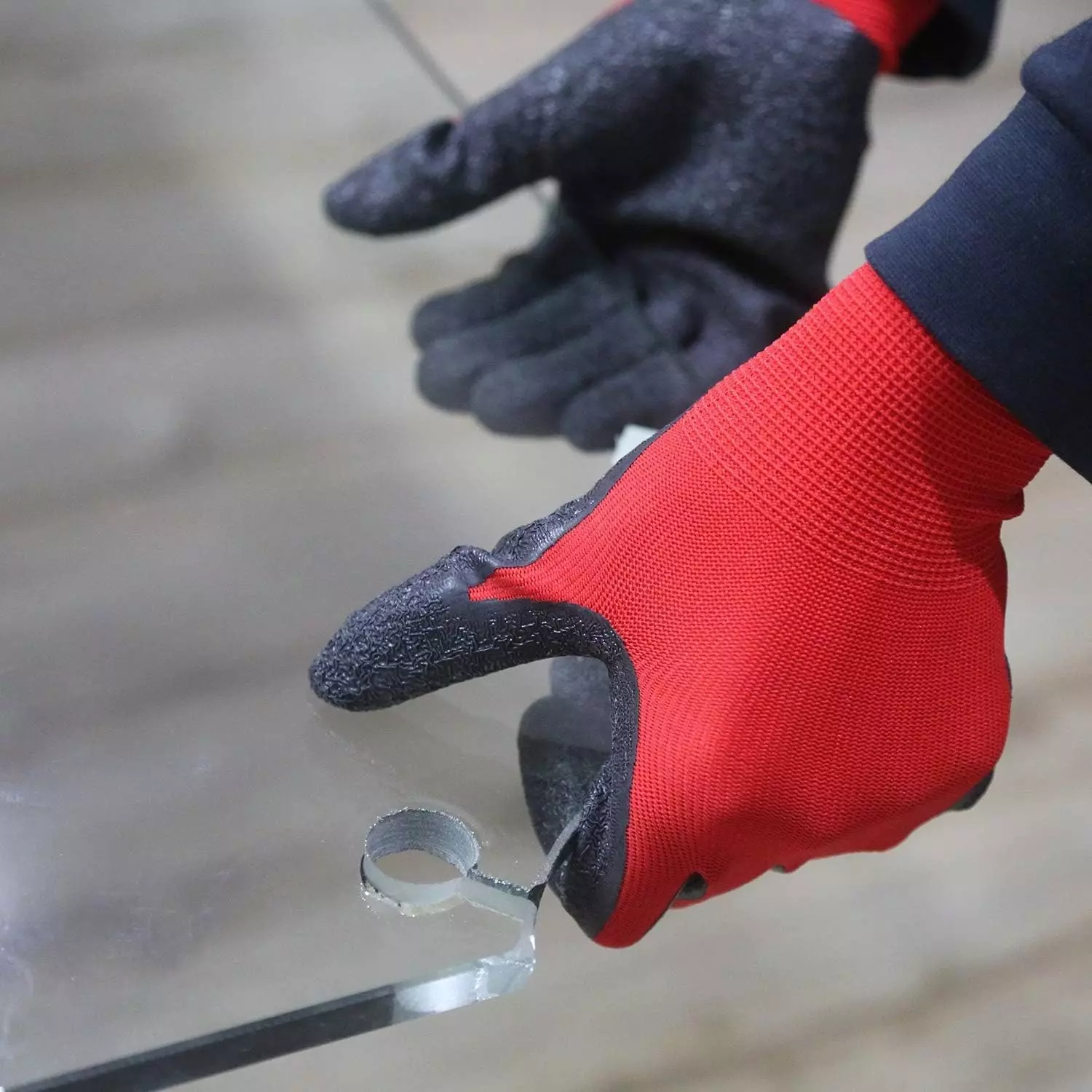 Swavind Safety Hand Gloves Synthetic NylonCrinkle Latex Coated Palm and Fingers with Abrasion Resistance Red & Black Free Size