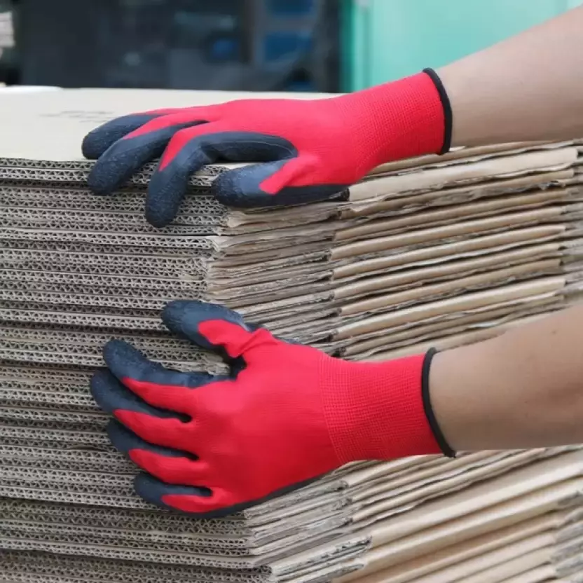 Swavind Safety Hand Gloves Synthetic NylonCrinkle Latex Coated Palm and Fingers with Abrasion Resistance Red & Black Free Size