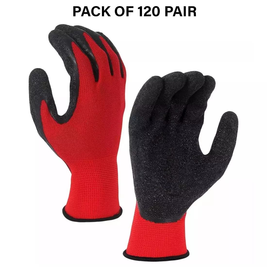 Swavind Safety Hand Gloves Synthetic NylonCrinkle Latex Coated Palm and Fingers with Abrasion Resistance Red & Black Free Size (Pack of 120 Pair)