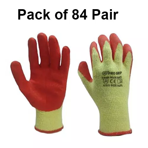 PRO GRIP By ROCKSAFE Safety Hand Gloves 10 Gauge Polycotton Crinkle Latex Palm Coating Seamless Liner Red & Yellow Free Size (Pack of 84 Pairs)