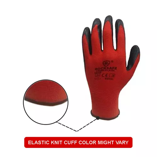 ROCKSAFE Safety Hand Gloves 13 Gauge Polyester Crinkle Latex Coated Red & Black Free Size for Multipurpose Use (Pack of 96 Pairs)