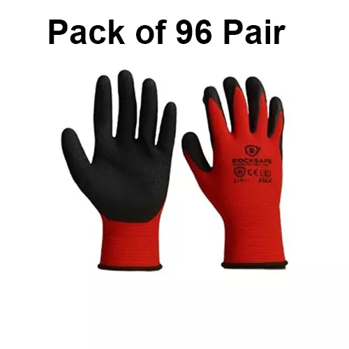 ROCKSAFE Safety Hand Gloves 13 Gauge Polyester Crinkle Latex Coated Red & Black Free Size for Multipurpose Use (Pack of 96 Pairs)